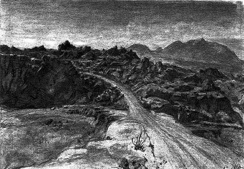 Captured by artists in drawings and paintings, including this 1946 sketch by Dr Atl, the basaltic malpaís create an abrupt and stoney landscape