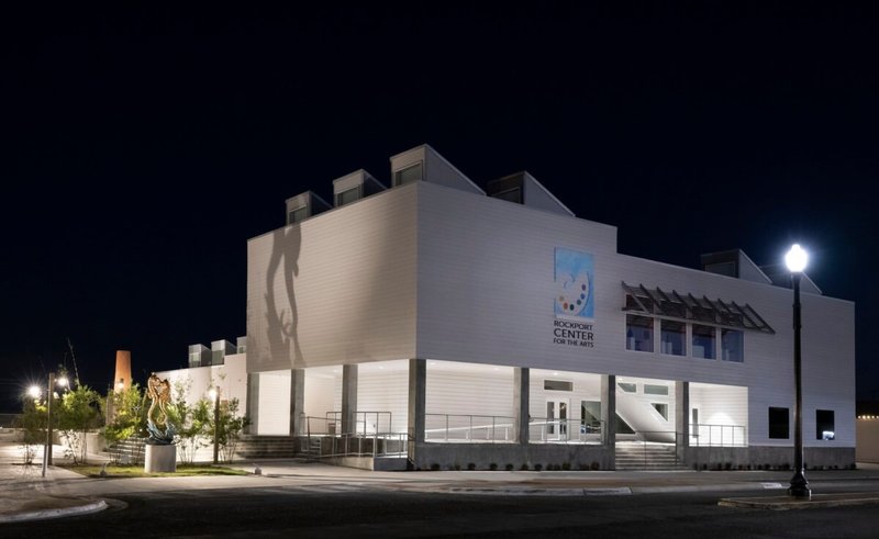 The exterior of the Rockport Center for the Arts at night. (Pam Fulcher/Courtesy RCA)
