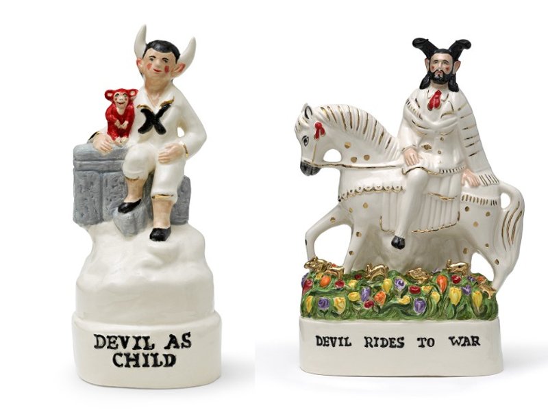 From left to right: 'Devil as Child' and 'Devil Rides to War' from the series The Devil – A Life, 2020-2022. Glazed ceramic. Courtesy Nick Cave. Photo: Prudence Cuming Associates.