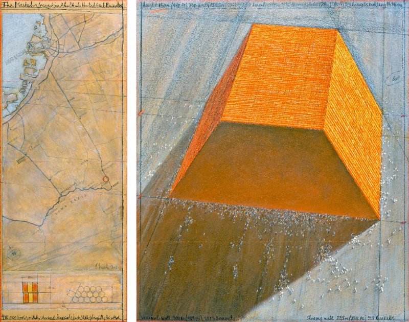 Christo The Mastaba (Project for Abu Dhabi, United Arab Emirates)_Drawing 2013 in two parts: Pencil, charcoal, pastel, wax crayon, enamel paint, hand-drawn map and technical data, and tape. Private collection, Photo: André Grossmann © 2013 Christo and Jeanne-Claude Foundation.