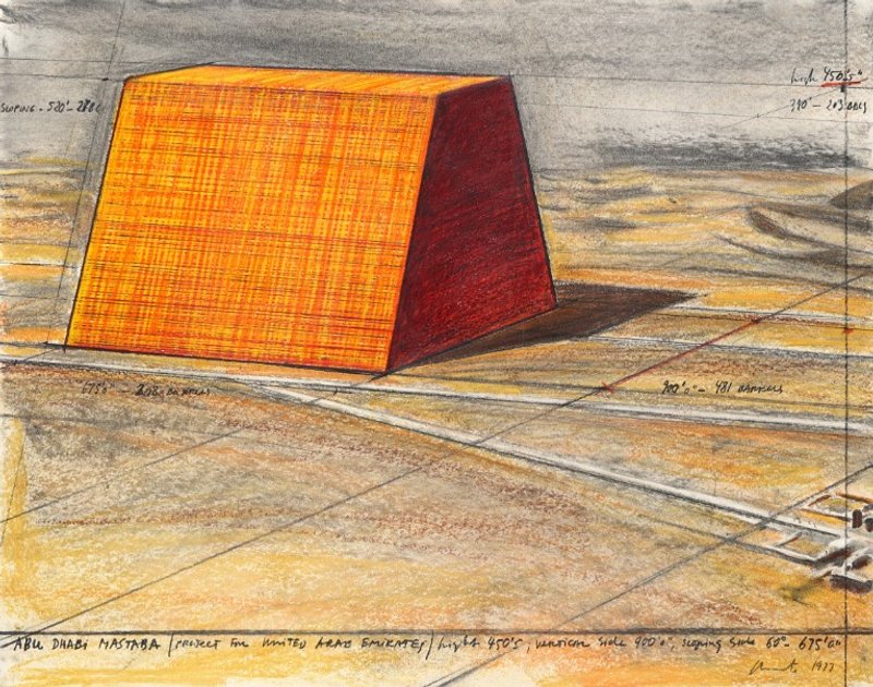 Christo Abu Dhabi Mastaba (Project for United Arab Emirates) Drawing 1977 Pencil, charcoal, wax crayon, and pastel 56 x 71 cm (22 x 28 in). Collection Lilja Art Fund Foundation, Switzerland. Photo: Wolfgang Volz © 1977 Christo and Jeanne-Claude Foundation.