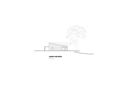 This architectural image presents an eastern elevation of a modern, single-story building featuring 