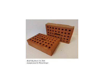 The image showcases two BLAF Big Bricks 1.0, manufactured by Wienerberger in 2016. These bricks feat