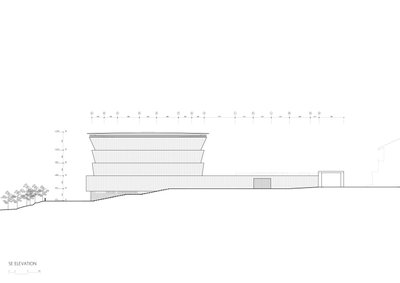 This architectural image presents a southeast elevation of a modern building, characterized by its l