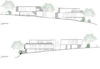 The image presents two architectural elevations, labeled as "East Elevation" and "West Elevation," s