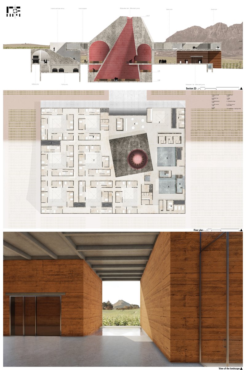 Presentation boards with architectural drawings of&nbsp;Wine Templeproject by&nbsp;Paco Julia