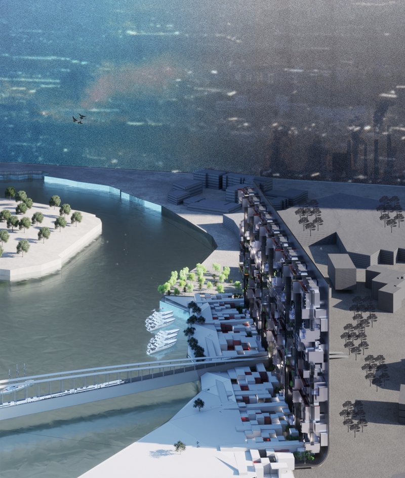 A futuristic riverfront structure blends urban living with green spaces, featuring cascading terraces and a bridge connecting to the heart of the city.