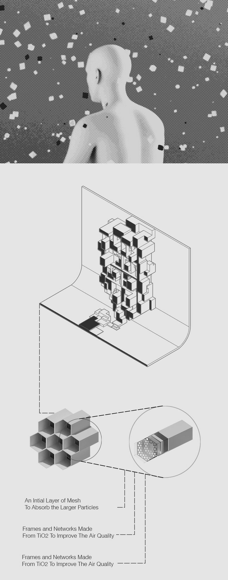 An illustration depicting a person surrounded by particles, symbolizing air pollution, and a conceptual skyscraper equipped with mesh layers and titanium dioxide structures designed to filter and improve air quality.