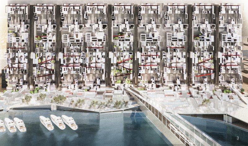 A dynamic architectural rendering showcasing a multi-tiered residential complex with integrated greenery, connected by vibrant red walkways, overlooking a serene riverside promenade with docked boats.