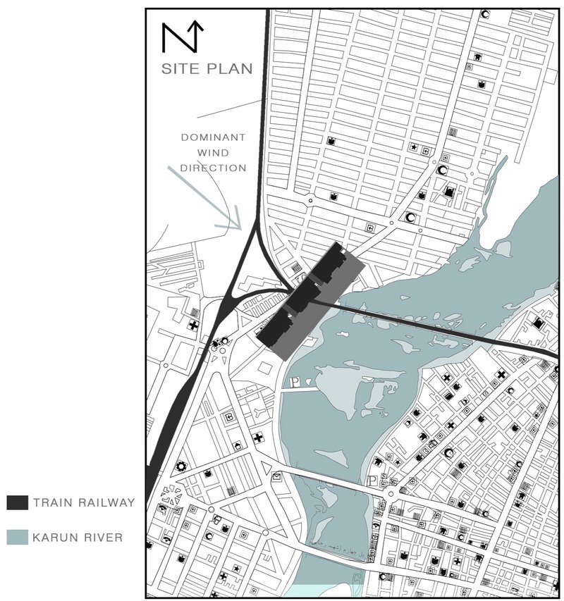 Urban site plan indicating wind flow across a riverside development.&nbsp;&nbsp;