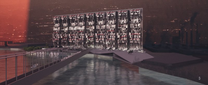 Riverside facade at dusk with illuminated balconies and walkway.