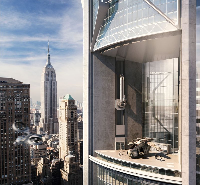 Urban air mobility meets modern architectural elegance.