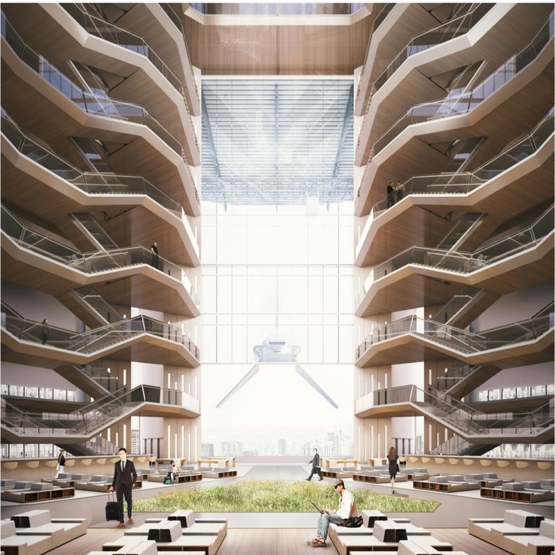 Atrium blending nature with futuristic urban co-working spaces.