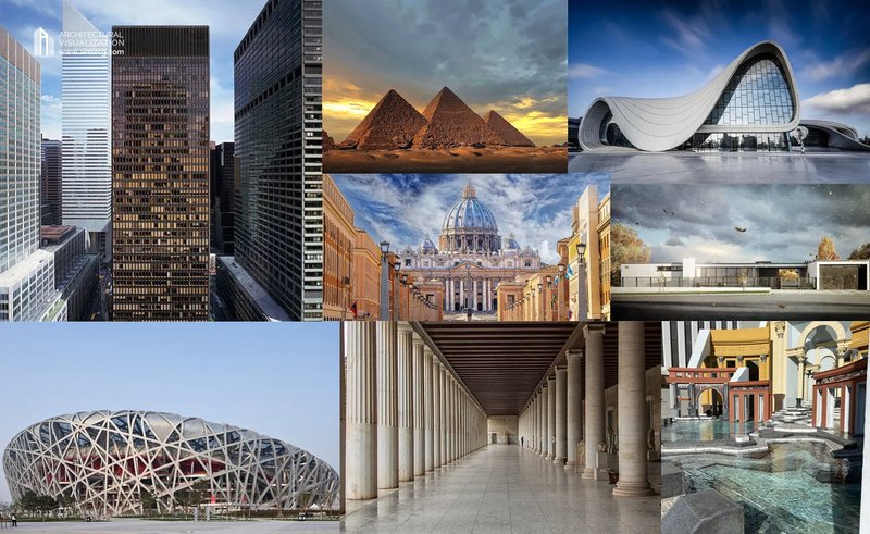 Famous architectural landmarks from different eras, symbolizing the evolution of architectural design.