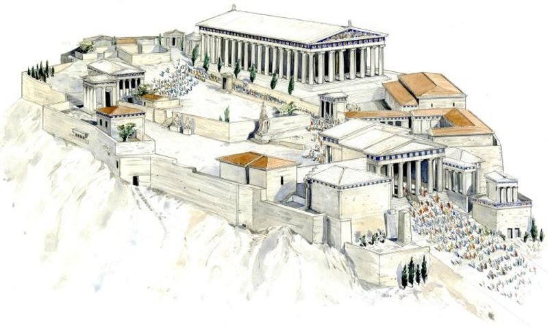 An artistic rendering of the ancient Parthenon in Athens, representing one of the earliest architecture competitions.