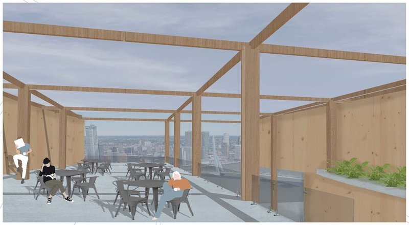 Sky-high lounge: wooden serenity meets urban vistas