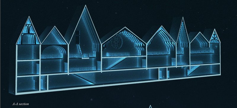 Illuminated medieval silhouettes bridging past and present architecture.