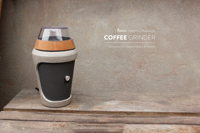 Concept of a coffee grinder for hikers, incorporating memes and lifestyle cues in its aesthetic and materials.
