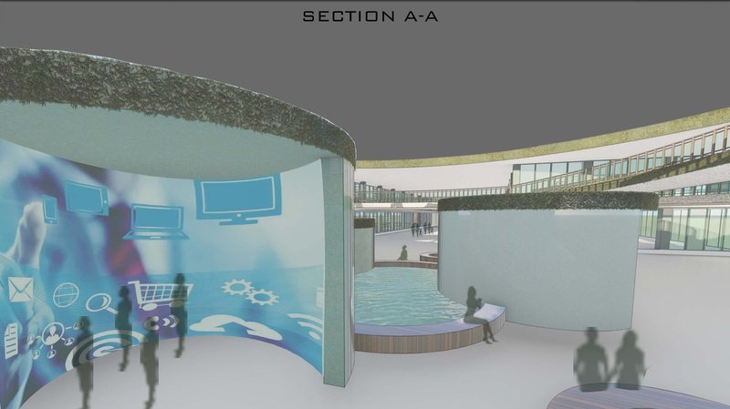 Futuristic e-retail space merging digital with physical realms.