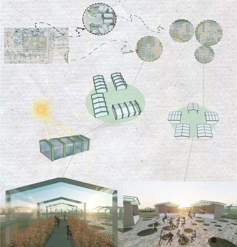 Sustainable agriculture integrated within a modern marketplace design.