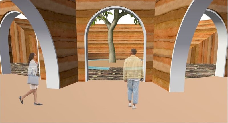 Rammed earth arches framing tranquil courtyard views.