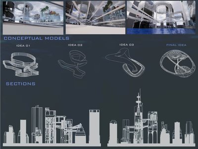 This architectural image presents a design concept through conceptual models and sections. It showca