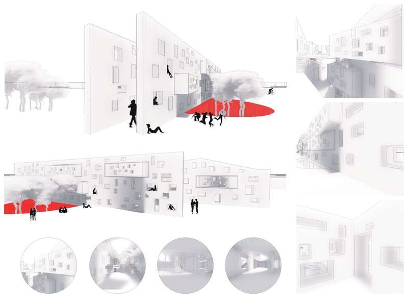 Modern facade meets communal interaction in educational design.