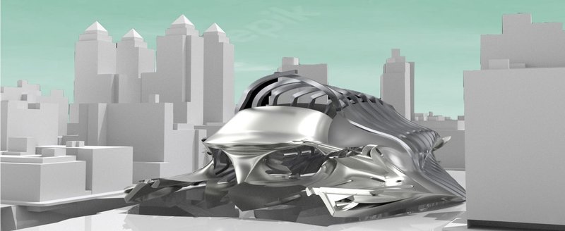 Futuristic shelter emerges amidst a silent cityscape.