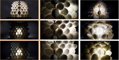 The image showcases a unique architectural lighting design, featuring a layered structure with a sca