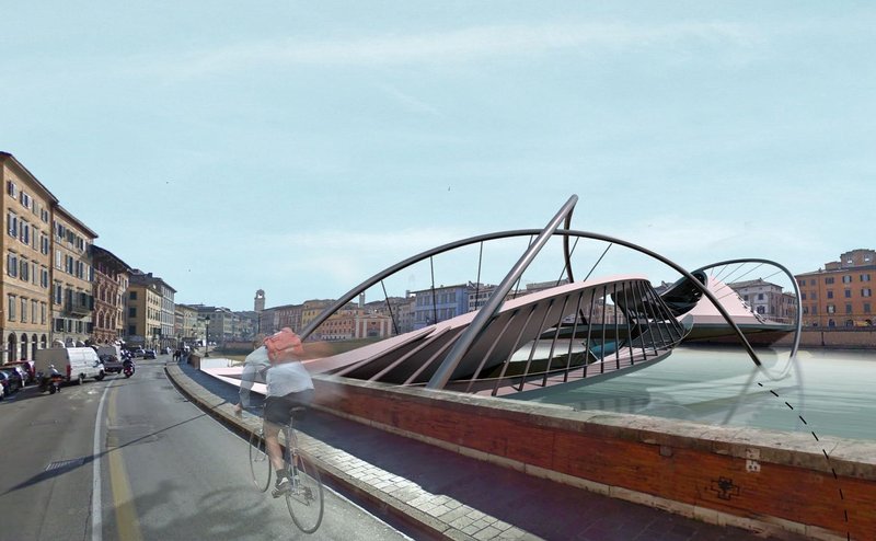 Cyclist approaches innovative art-infused pedestrian bridge.