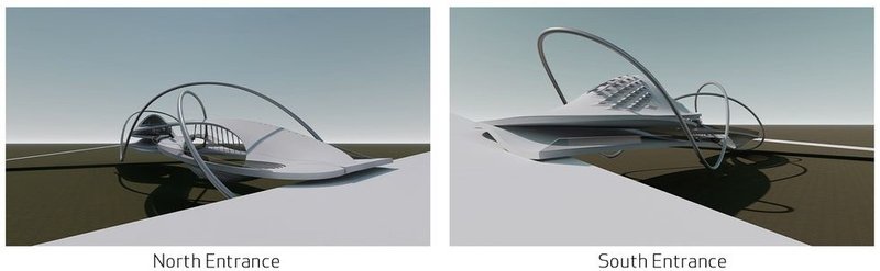 North and South: Gateways through a modern architectural ribbon.