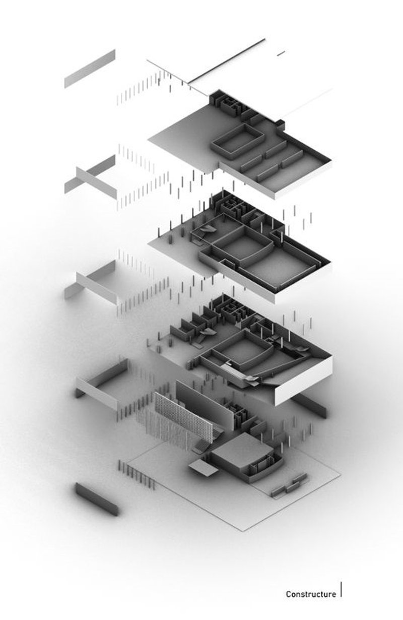 Deconstructed view revealing architectural layers and spaces.