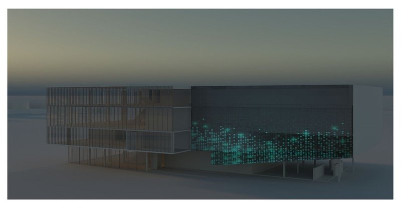 Dynamic facade lighting up the architectural silhouette at dusk.