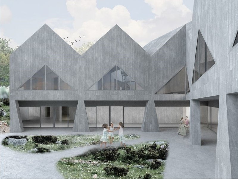 Brutalist design meets playful learning in modern kindergarten.