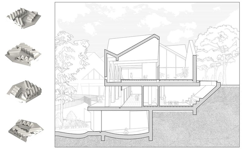 Cross-section of Brutalist design blending with natural elements.