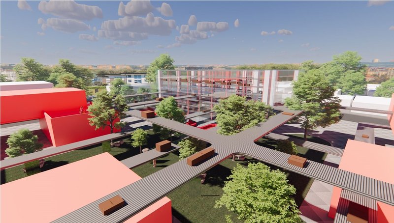 Futuristic park blending nature with innovative urban design.