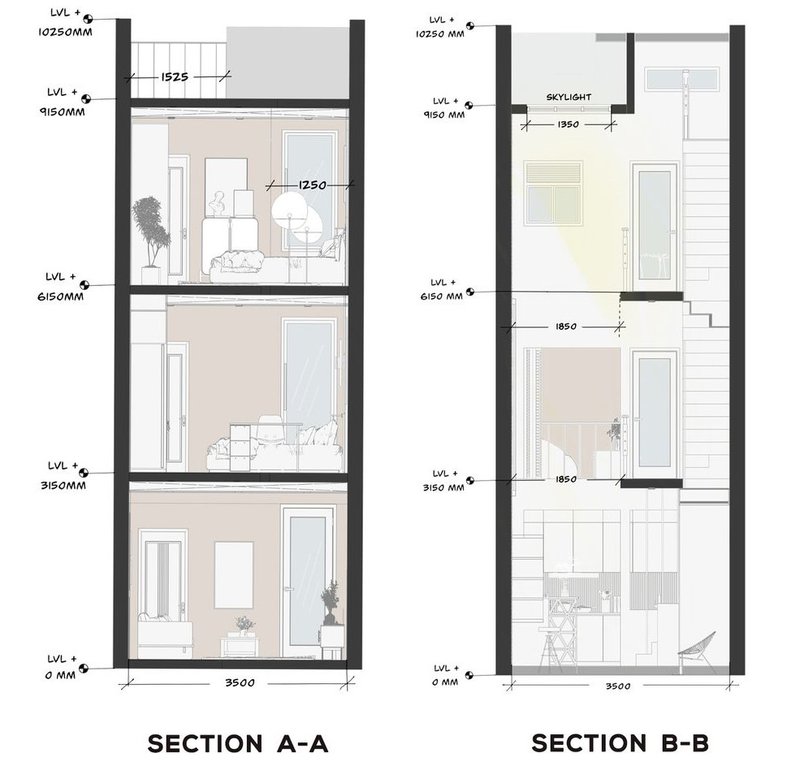 Vertical Sections: Modern Home with Natural Light Integration