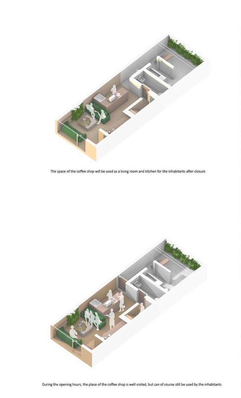 Dual-purpose space: Coffee shop by day, home by night.