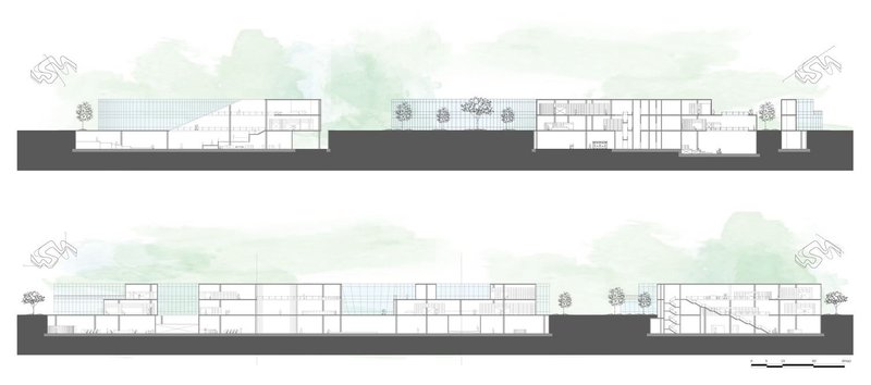 Elevated cross-sections revealing library's spatial dynamics.
