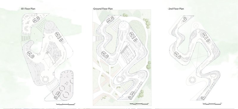 Layered floor plans of the innovative library design.