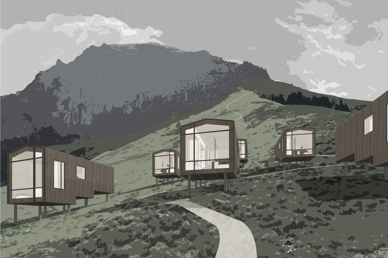 Modern retreats amidst rugged alpine beauty.