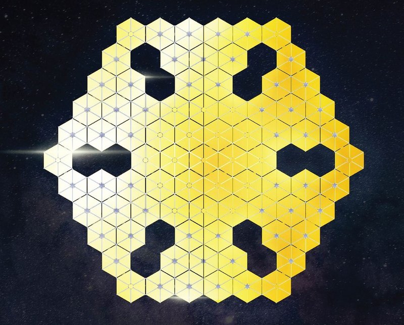 Hexagonal space structure glimmers against the cosmic backdrop.