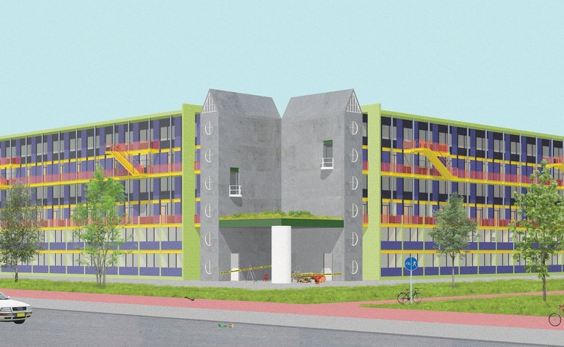 Bold colors frame the gateway to urban greenery.