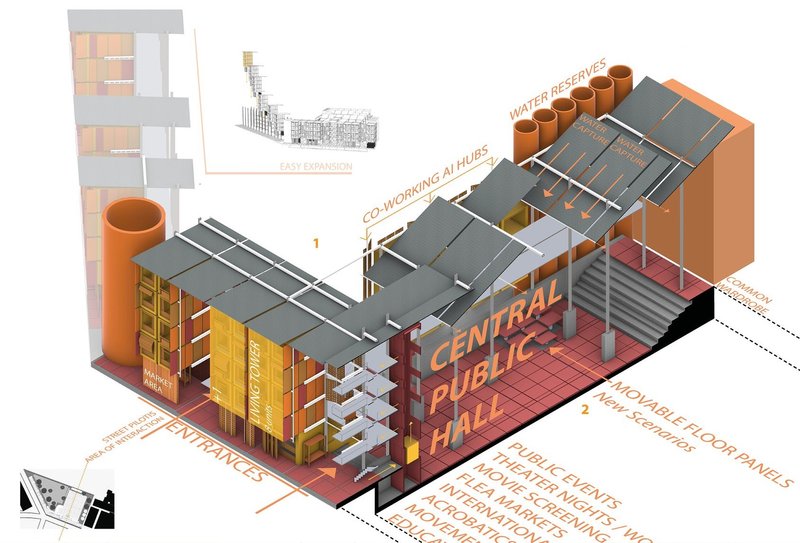 Futuristic modular design for co-working and community living.