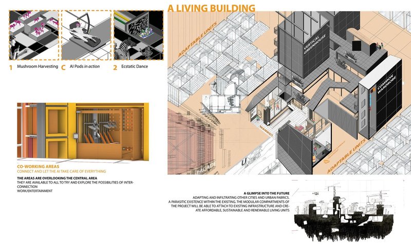 Dynamic living space with AI, adaptability, and urban agriculture.
