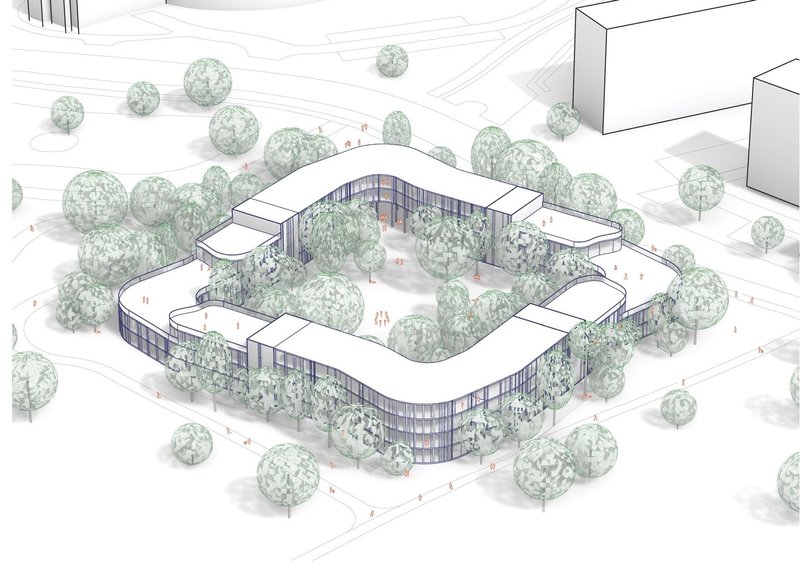 A conceptual sketch of a modern, serpentine architectural structure.