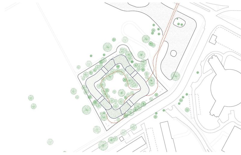 Overhead view of an architectural site plan with greenery.
