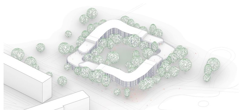 Aerial perspective of a flowing, landscape-integrated architectural design.