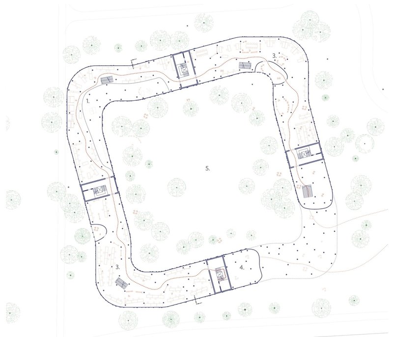 Site plan showing landscaped pathway around a central open space.