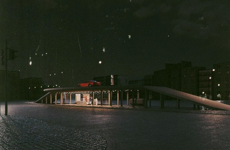 Night falls on a futuristic transit hub.